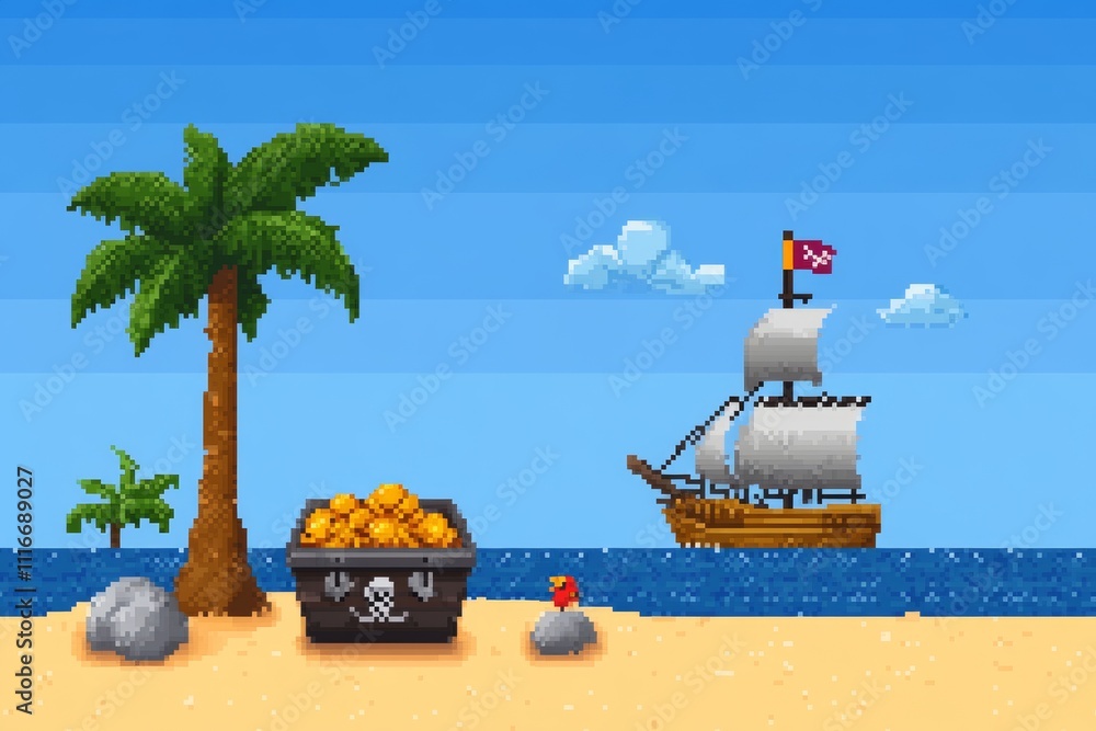 Fototapeta premium A pirate ship sails in the ocean with a pirate flag on the mast, pixel art 8 bit
