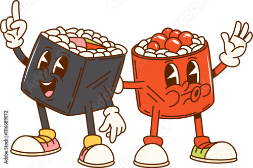 Cartoon groovy Japanese sushi rolls fast food characters. Isolated vector pair of cute hippie Asian, japan food personages with joyful smiles radiating fun and culinary adventure with funky retro vibe