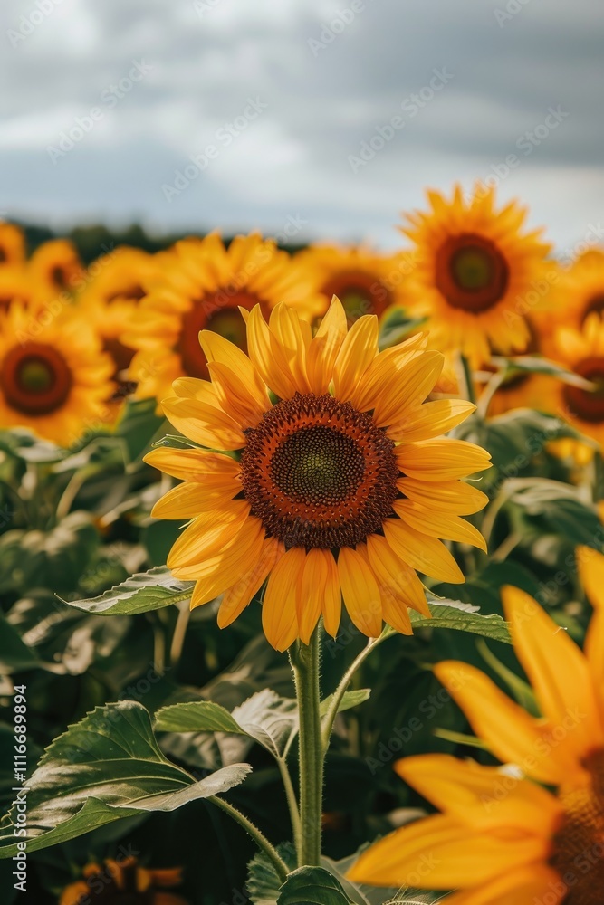 Obraz premium Bright yellow sunflower under blue sky very bright with nature view ai generated