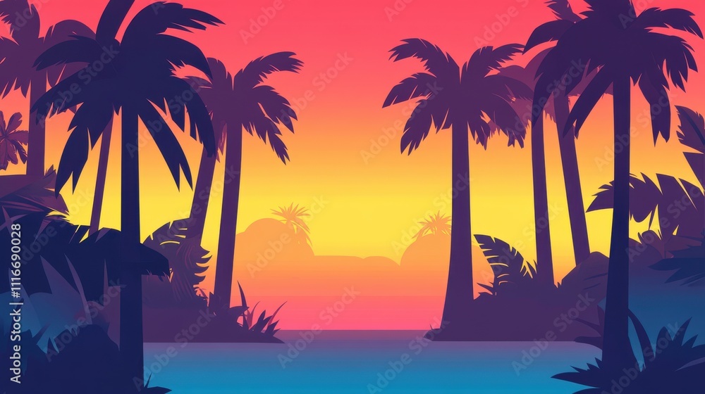 Fototapeta premium Vibrant sunset over tropical palm trees and calm water.