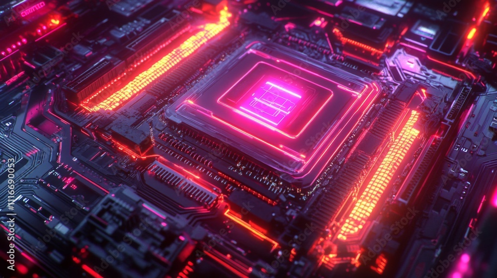 Illuminated Motherboard with Glowing Processor Illuminated Motherboard with Glowing Processor
