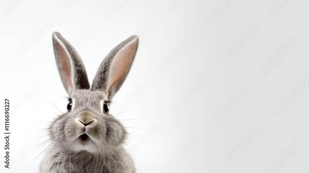 Obraz premium Surprised Funny Cute Bunny with Big Eyes on Light Background, Cute Animal Portrait