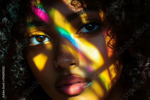 Unique Portrait Capturing Colorful Light Reflections Across a Woman's Face, Showcasing Her Expressive Eyes and Natural Beauty in a Serene Setting photo