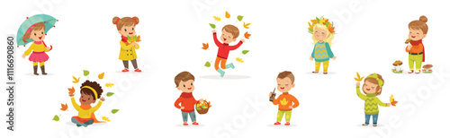 Children in Autumn Enjoy Warm Season Vector Set