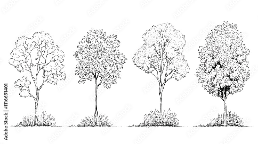 Fototapeta premium Architectural Drawings, Minimal style cad tree line drawing, Side view, set of graphics trees elements outline symbol for landscape design drawing. PNG illustration transparent background