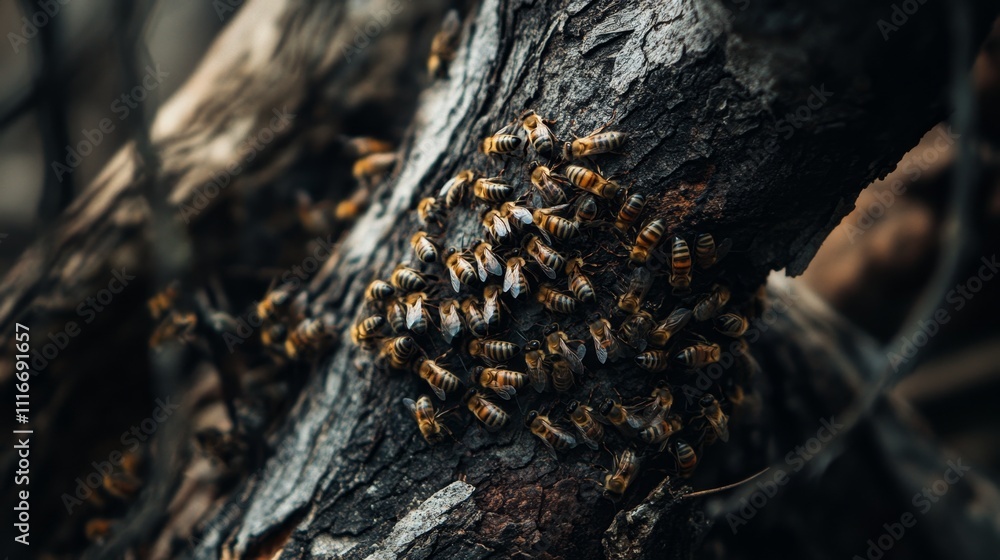 Honeybees Cluster on Tree Bark Honeybees Cluster on Tree Bark