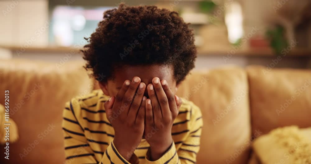 Sad, stress and child with depression, crying and anxiety for mistake ...