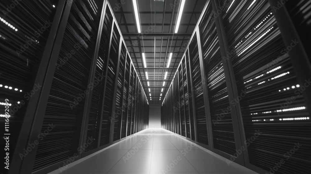 Fototapeta premium Data centers power the digital world, featuring rows of servers illuminated by sleek lights. This labyrinthine space illustrates modern technologys heartbeat.