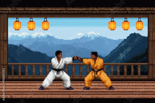 Two men are in a martial arts match, one in white and the other in orange, pixel art 8 bit photo