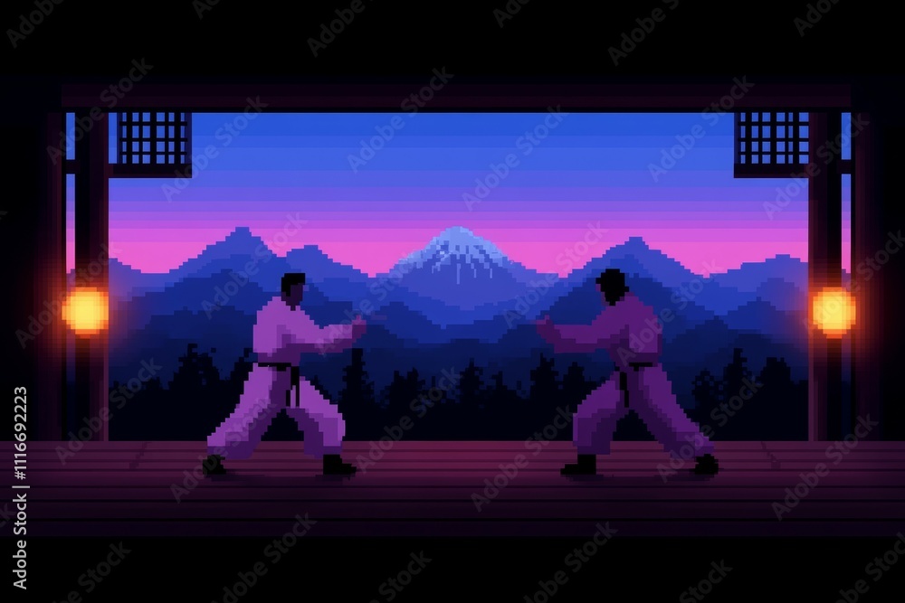 Naklejka premium Two men are in a martial arts match in front of a mountain range, pixel art 8 bit