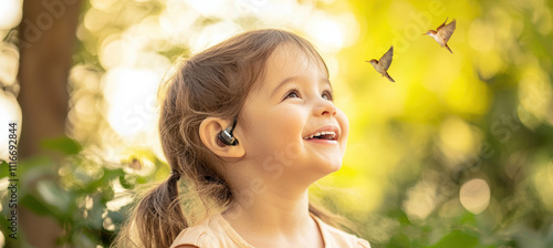 Joyful Child Experiencing Nature Post Cochlear Implant Surgery with Birds in the Background photo