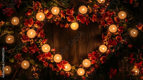 Candlelit flowers intertwined to form heart-shaped wreath for sentimental moments shared during holidays or love-filled celebrations photo