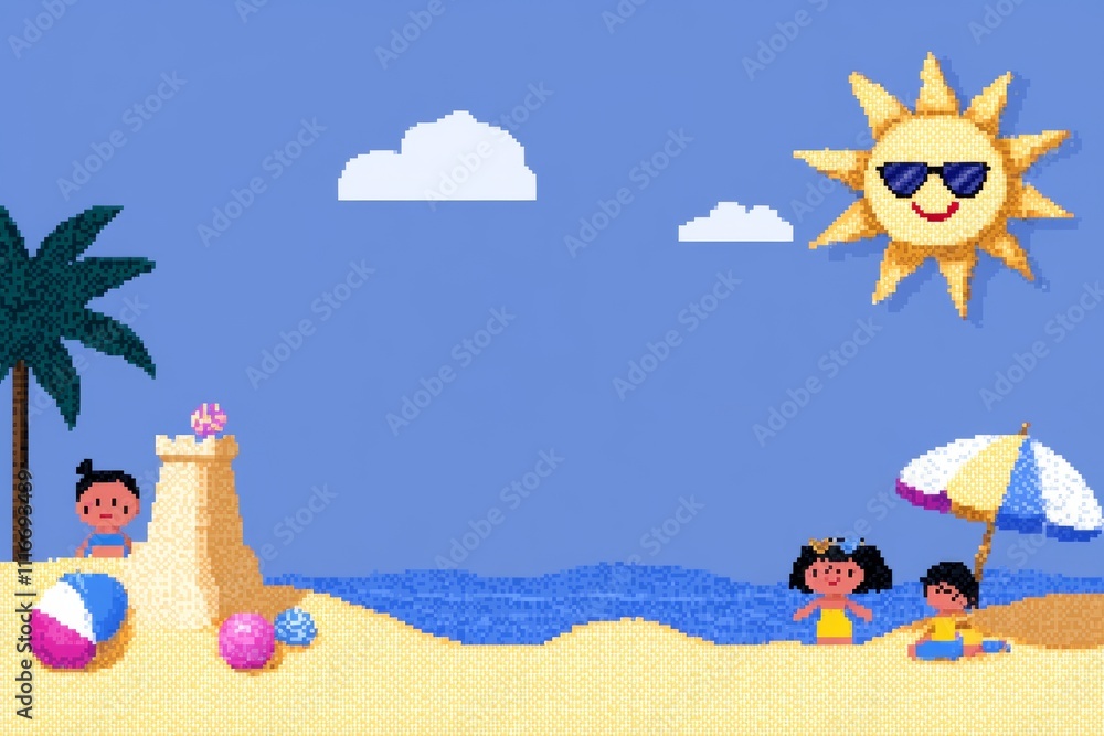A computer generated image of a beach scene with children playing in the sand, pixel art 8 bit A computer generated image of a beach scene with children playing in the sand, pixel art 8 bit