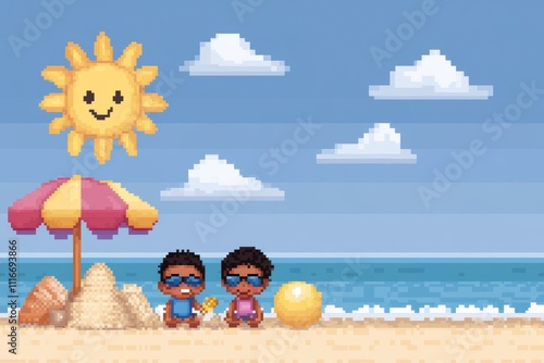 Two children are sitting on the beach under an umbrella, pixel art 8 bit photo