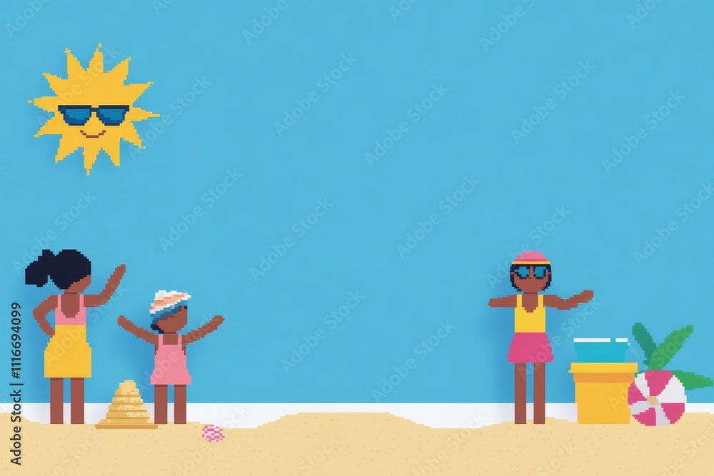 A cartoon of a beach scene with a woman in a yellow bikini and sunglasses, pixel art 8 bit A cartoon of a beach scene with a woman in a yellow bikini and sunglasses, pixel art 8 bit