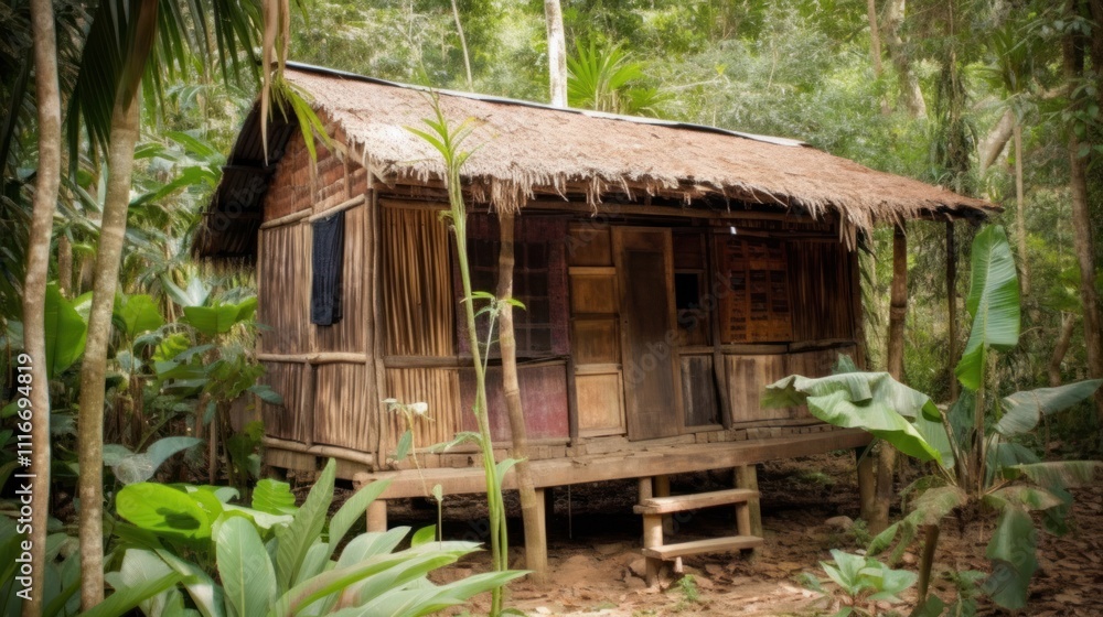Rustic wooden hut nestled in lush tropical rainforest.