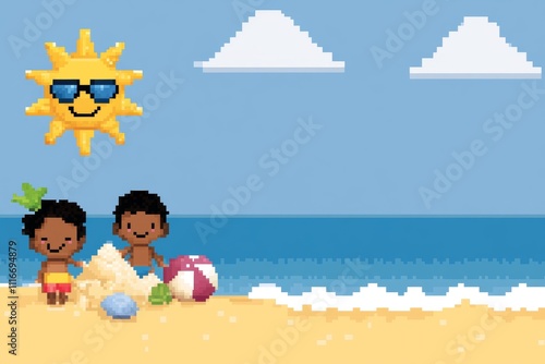 Two children are playing on the beach with a ball and a beach ball, pixel art 8 bit photo