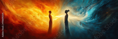 Two figures facing each other, surrounded by swirling light, symbolizing the reconnection of estranged family members.  photo