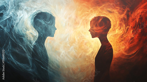 Two figures facing each other, surrounded by swirling light, symbolizing the reconnection of estranged family members.  photo