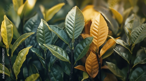 Close-up of Lush Green and Yellow Tea Leaves photo