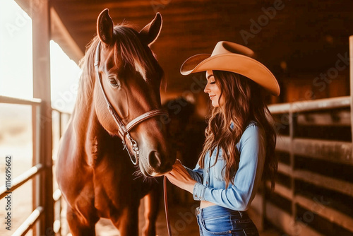 A woman is petting a brown horse in a corral