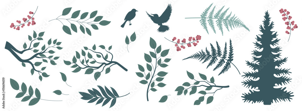 Naklejka premium Flat vector art set featuring various forest elements, including branches, leaves, ferns, berries.