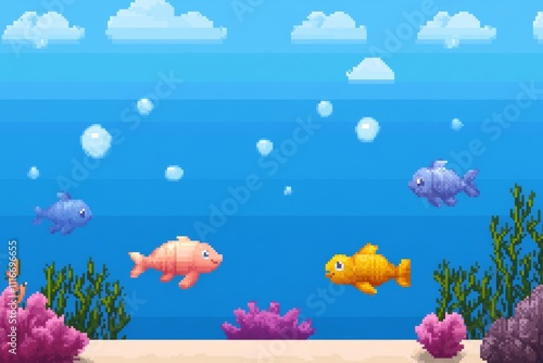 Colorful pixel art fish swimming underwater with coral and bubbles