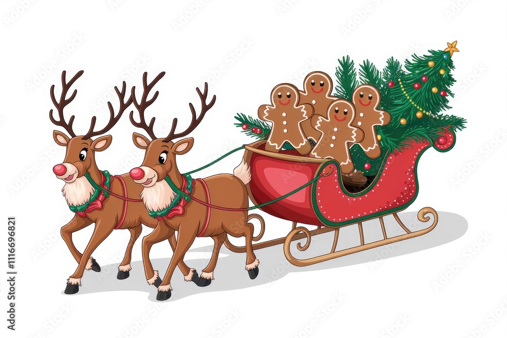 Fototapeta premium Reindeer pulling sleigh with gingerbread men and christmas tree