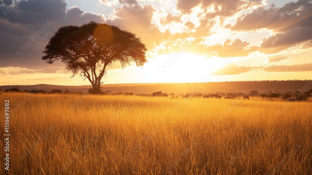 Fototapeta premium Silhouetted African Savanna Landscape at Sunset