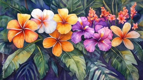 Wallpaper Mural Vibrant watercolor painting of tropical flowers including plumeria and irises, set against lush green foliage. Torontodigital.ca