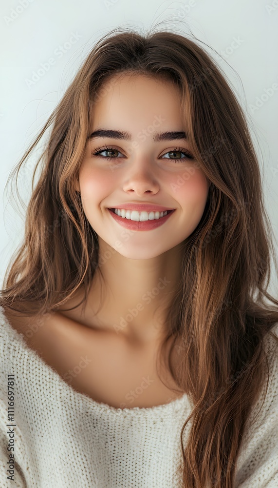 Portrait of a beautiful young woman smiling and looking on white background Portrait of a beautiful young woman smiling and looking on white background
