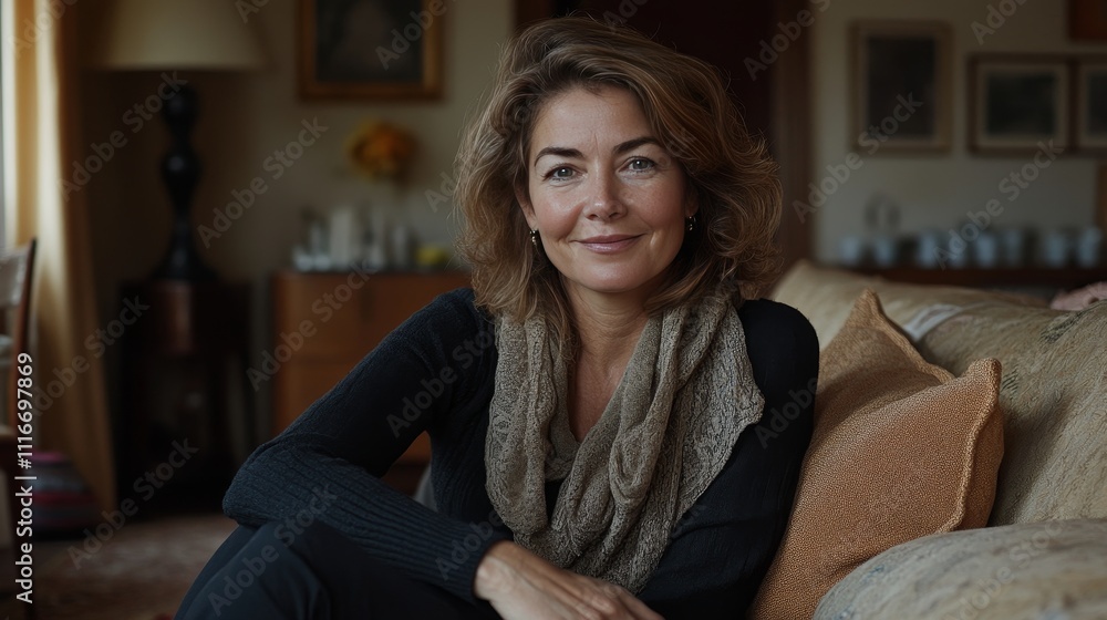 A smiling European woman lounges on a sofa in her home, looking directly at the camera. A smiling European woman lounges on a sofa in her home, looking directly at the camera.