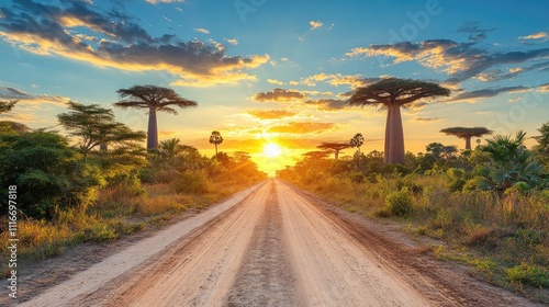 Majestic baobab trees lining the avenue of the baobabs in madagascar at sunset photo