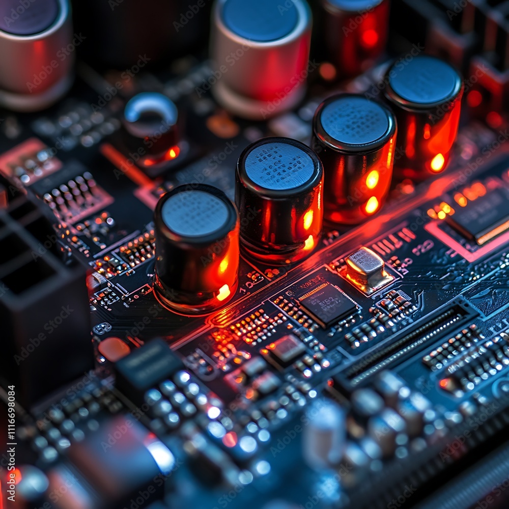 Close-up of illuminated circuit board with capacitors. (1) Close-up of illuminated circuit board with capacitors. (1)