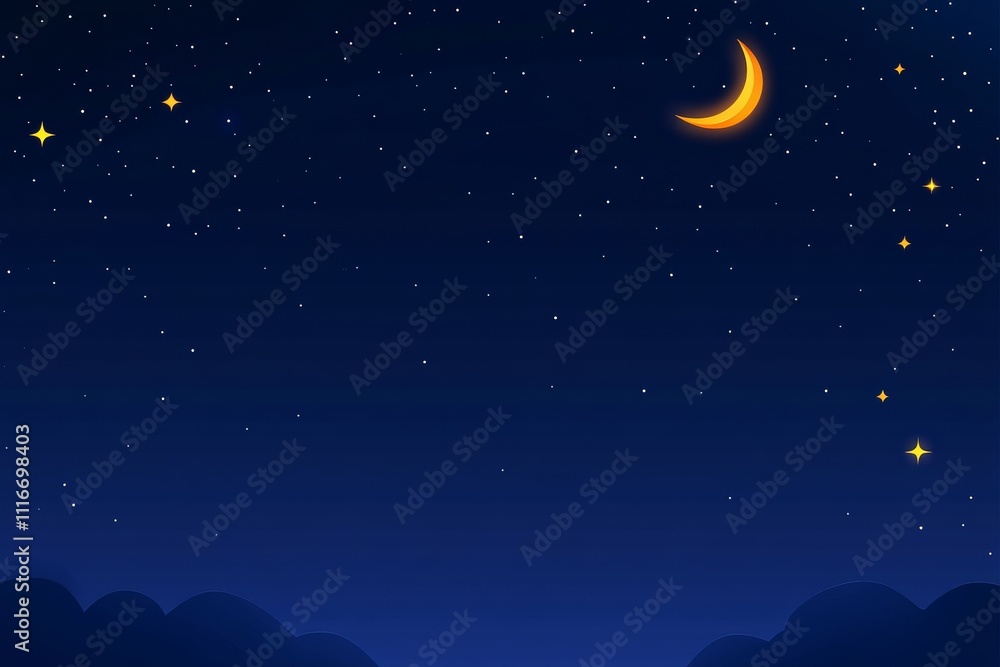 Naklejka premium Starry night sky with crescent moon and distant mountains silhouette
