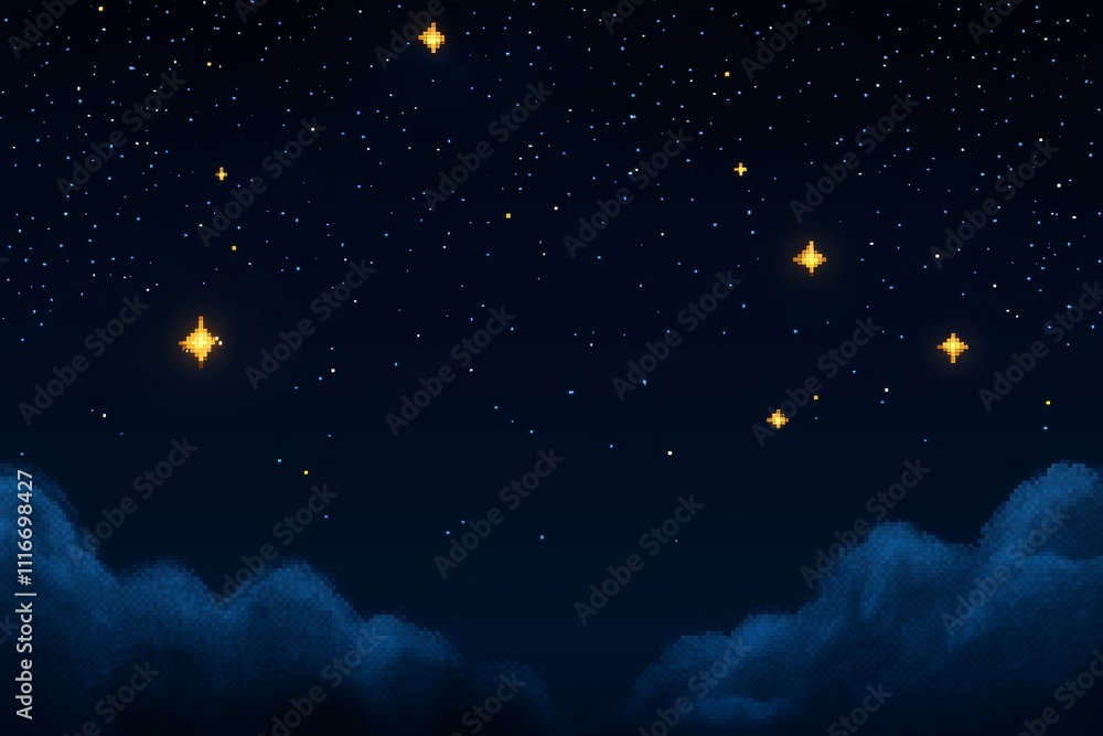 Fototapeta premium Pixelated starry night sky glowing with bright twinkling stars and clouds