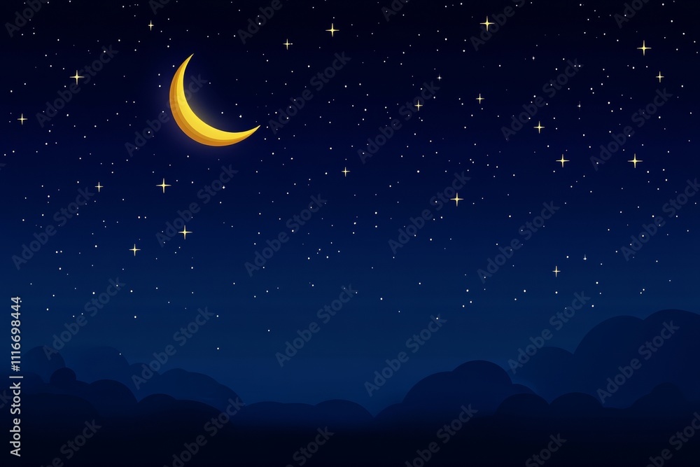 Crescent moon and starry night sky with silhouetted clouds Crescent moon and starry night sky with silhouetted clouds