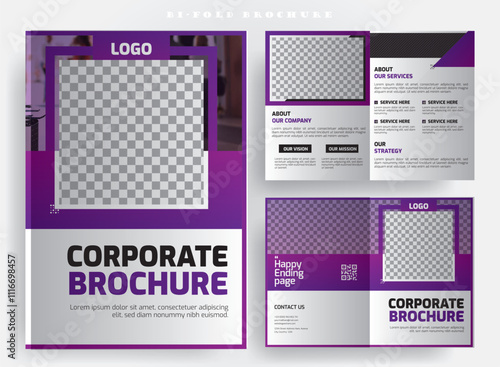 Company Profile Layout with Purple Accents, product catalog design template, corporate business bi-fold template, Clean corporate bi fold business brochure design template in A4 format.