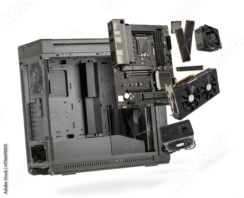 Main components of computer  isolated on white background. Big case, motherboard, CPU, memory, cooler, SSD, graphics card, power supply unit.