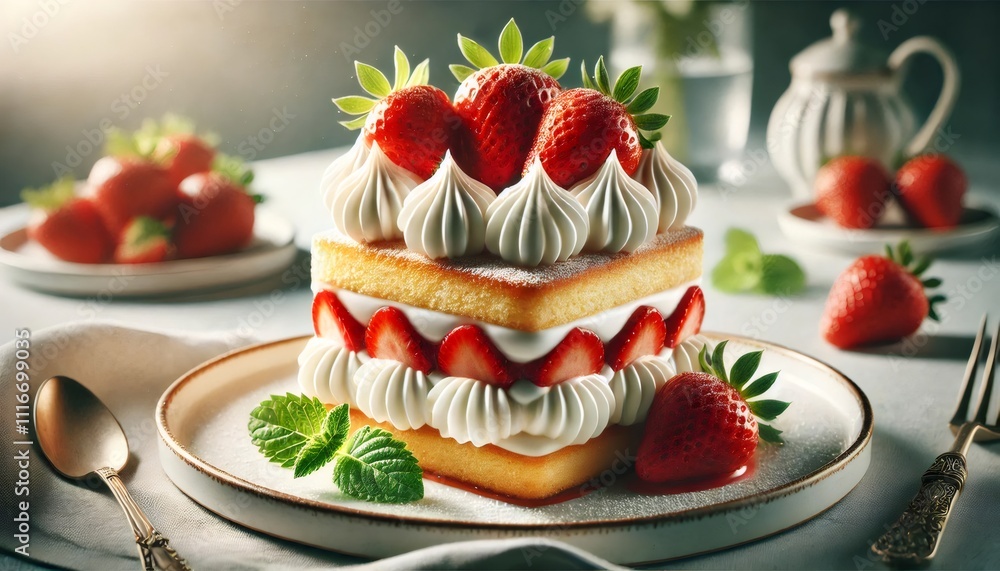 Delicious strawberry cake showing fresh ingredients and garnishes Delicious strawberry cake showing fresh ingredients and garnishes