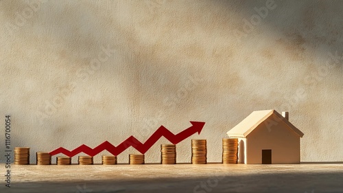 Gráfico con casa que muestra la subida del precio del mercado inmobiliario y de la vivienda. 