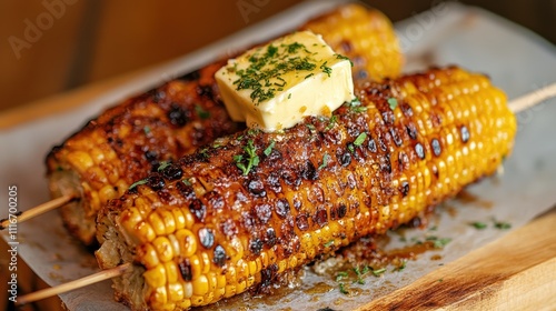 Deliciously grilled corn on the cob topped with melting butter and sprinkled with herbs, presenting a rustic culinary scene full of flavor and mouthwatering presentation. photo