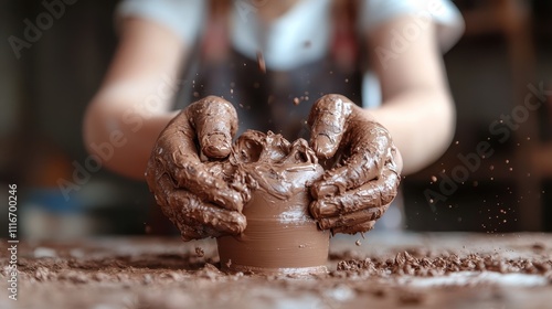 The hands of a potter, deeply engaged in the artistic process, shape damp clay on a swirling pottery wheel, capturing the essence of creativity and tradition. photo