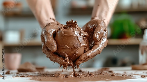 A pair of hands skillfully shape a smooth chocolate orb, with layers of texture and cacao visible, illustrating creativity and the art of confectionery craft. photo