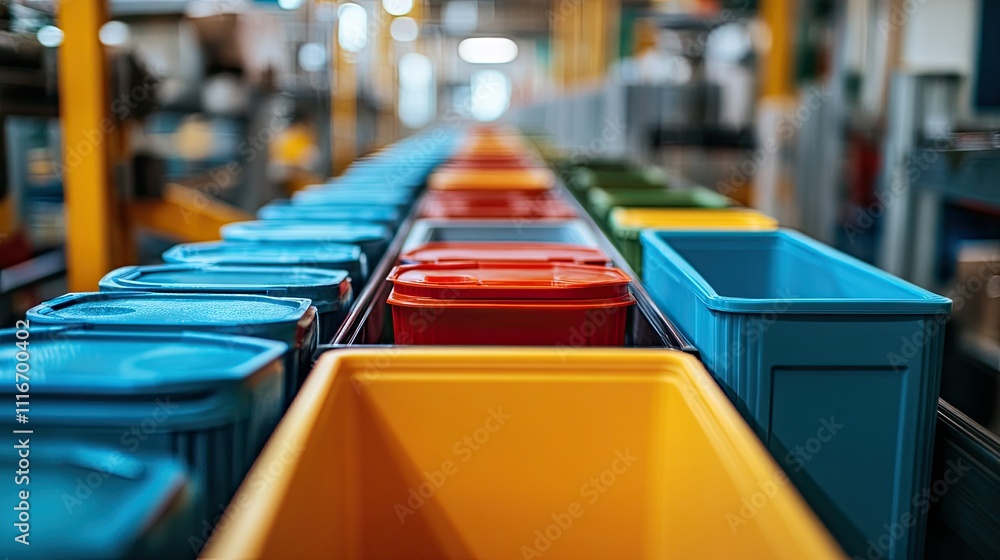 Fototapeta premium Colorful plastic containers on factory conveyor belt.