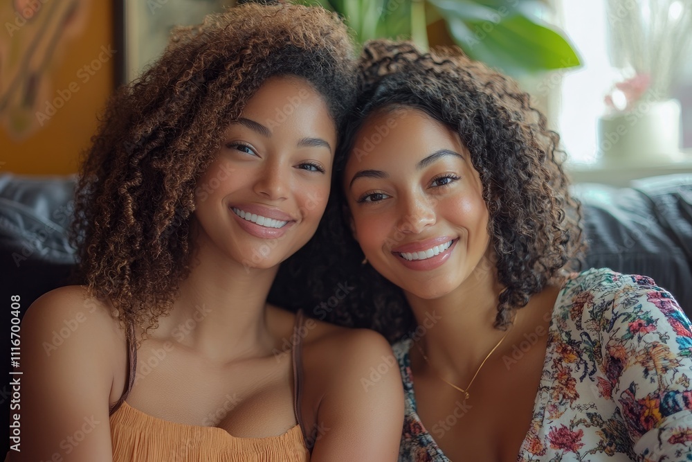 Two beautiful twin sisters smiling and posing on a couch Two beautiful twin sisters smiling and posing on a couch