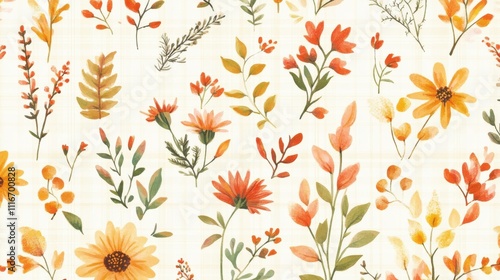 Wallpaper Mural Watercolor autumn floral seamless pattern with orange, yellow, and green flowers and leaves on a beige background. Torontodigital.ca