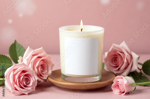 White candle with pink roses on a wooden plate. Concept for romantic, aroma candles, and Mother's Day photo