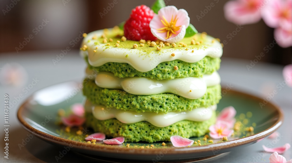 Sliced matcha cake topped with green frosting and crumbs, displayed on a plate with floral accents in a cozy setting Sliced matcha cake topped with green frosting and crumbs, displayed on a plate with floral accents in a cozy setting