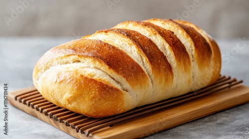 A freshly baked loaf of bread with golden brown crust, neatly sliced, resting on a wooden rack, showcasing its inviting and delicious textures effortlessly.